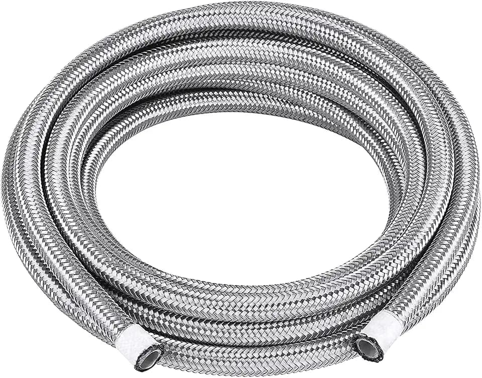 6AN 20FT PTFE Fuel Line, E85 Injection Fuel Oil Gas Hose Stainless Steel Braided Fuel Hose Compatible with all Automotive Fuels, Lubricants, and Coolant - Sliver
