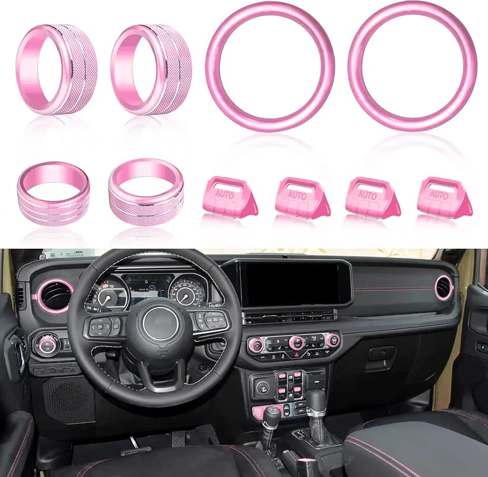 Knob Cover for Jeep Wrangler JL JLU Accessories 2024 2025 2026 Gladiator JT 2024-2026 Window Switch Button Cover Volume Radio Headlight Switch Knob Covers AC Vent Outlet Trim Rings, 10 Pcs (Pink)