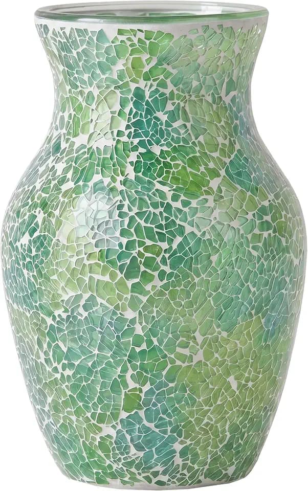 8" Organic Green Mosaic Vase, Heavy Glass Healing Spring Decor Centerpiece, Hand-Pasted Crackle Glass Flower Vase with Anti-Slip Base, Boho Nature Accent for Living Room & Bathroom
