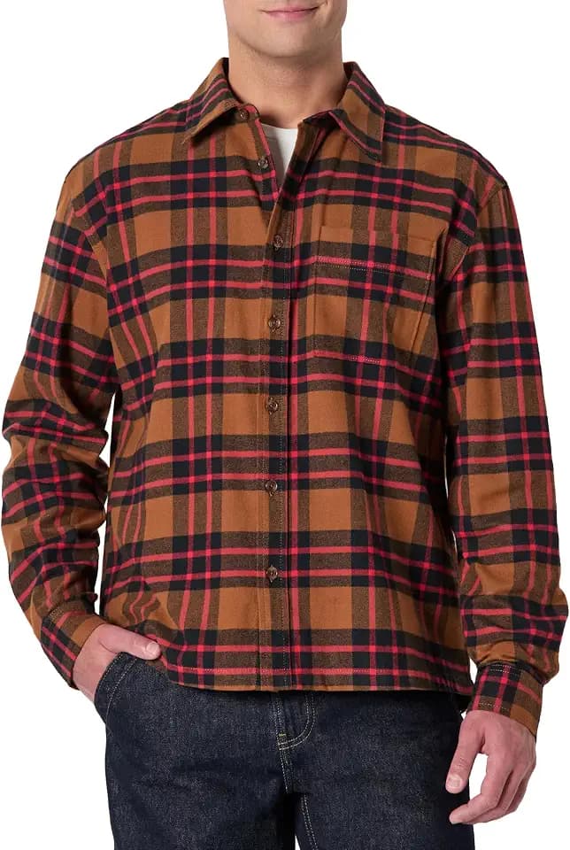 Amazon Essentials Men's Relaxed-Fit Long-Sleeve Flannel Shirt with Button Front Closure, Spread Collar, Chest Pocket