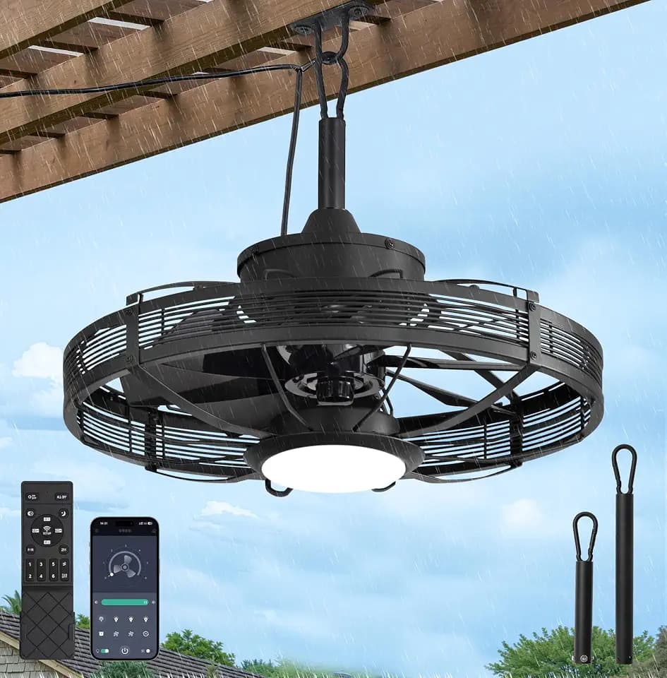 LEDIARY 20" Black IP65 Waterproof Outdoor Ceiling Fan with Light for Patios