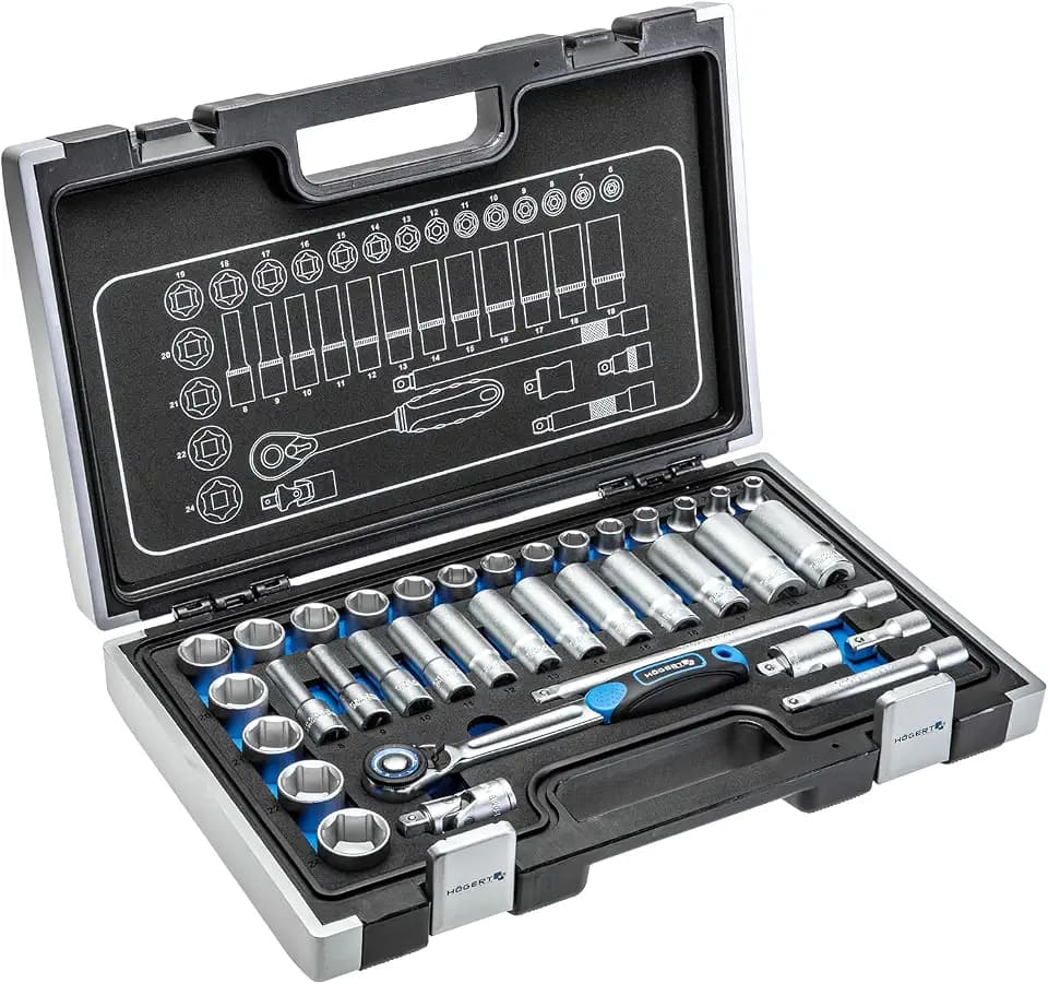 Högert Technik - Werkzeugset 36-tlg Werkzeugkoffer Steckschlüssel, Bits und Zubehör 3/8“ Cr-V, Verformungsfest I Ratschenmechanik mit 72 Sperrklinken Set für Heimwerker Garage, Haushalt