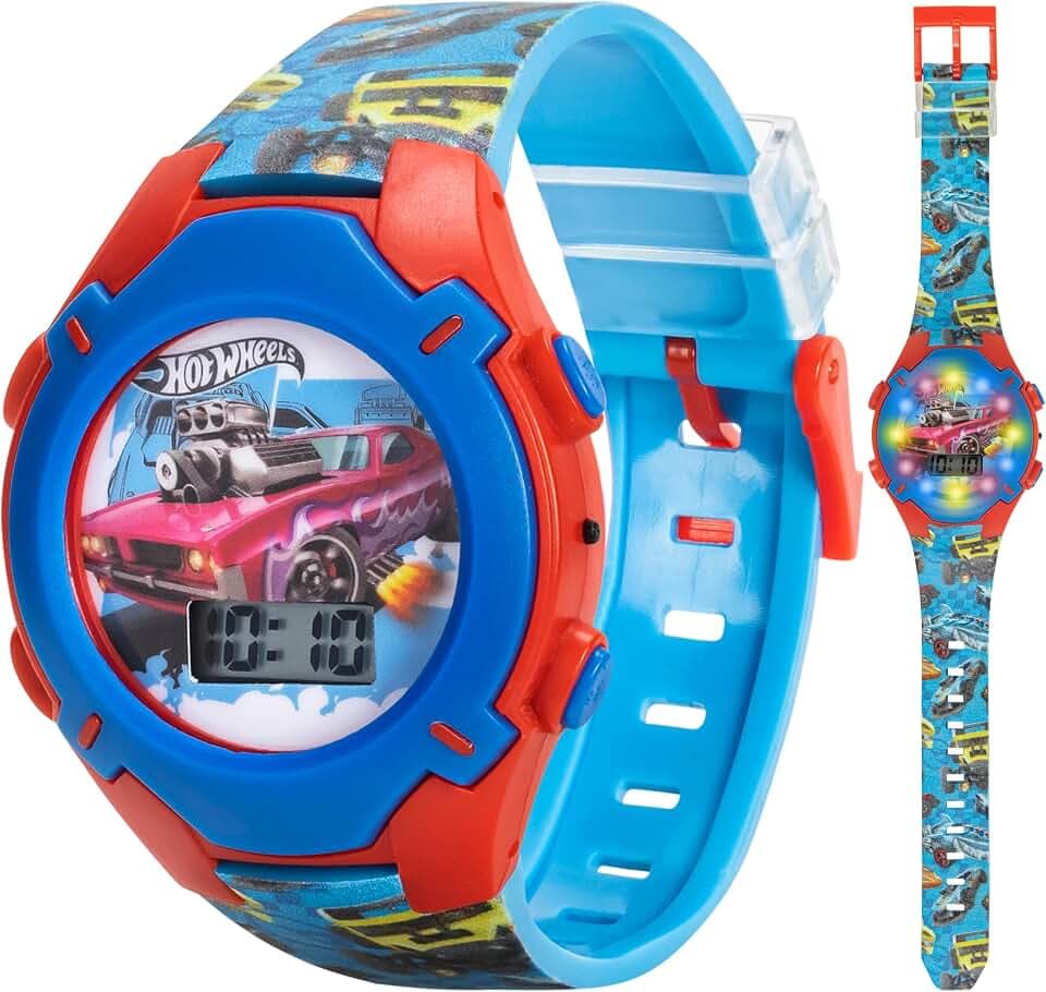 Hot Wheels Kids Watch – Rotating Dial Lights, LCD Display, Adjustable Comfortable Strap, Collectible Tin – Perfect for Boys and Girls