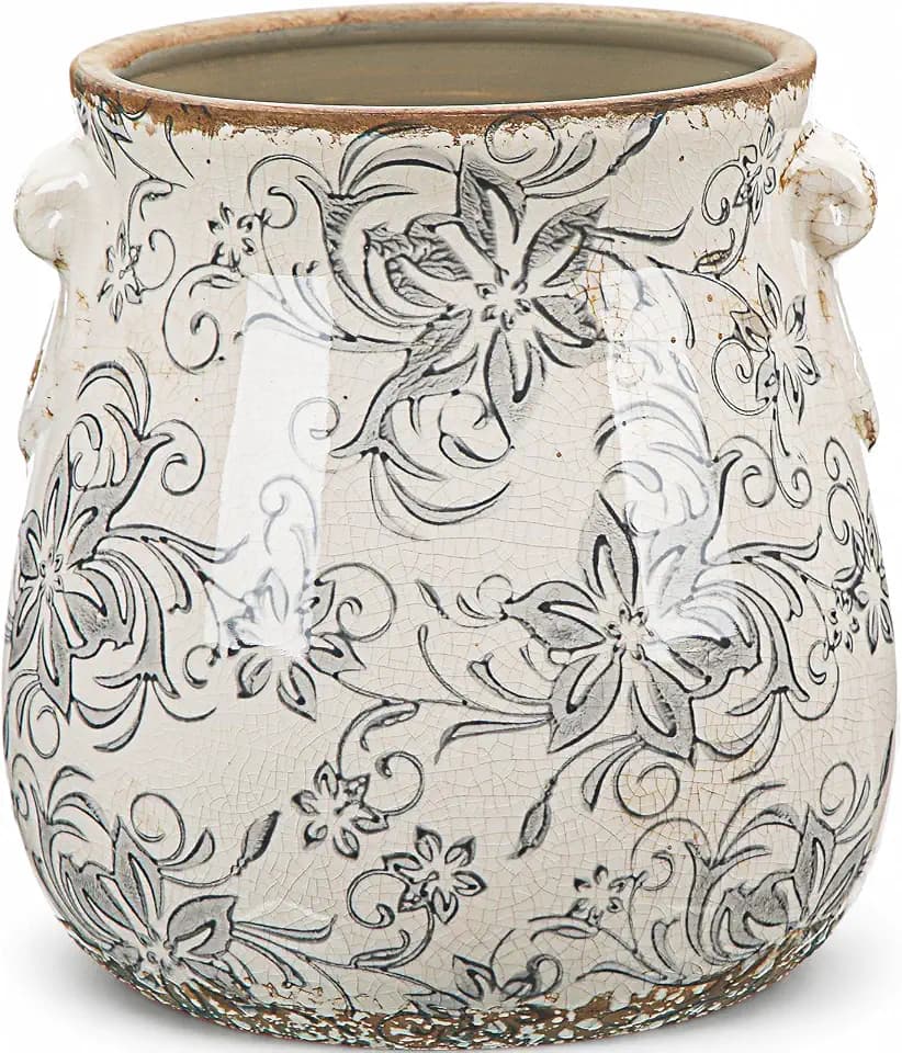 Ceramic Scroll Planter 6.5 Inch, Gray Camellia