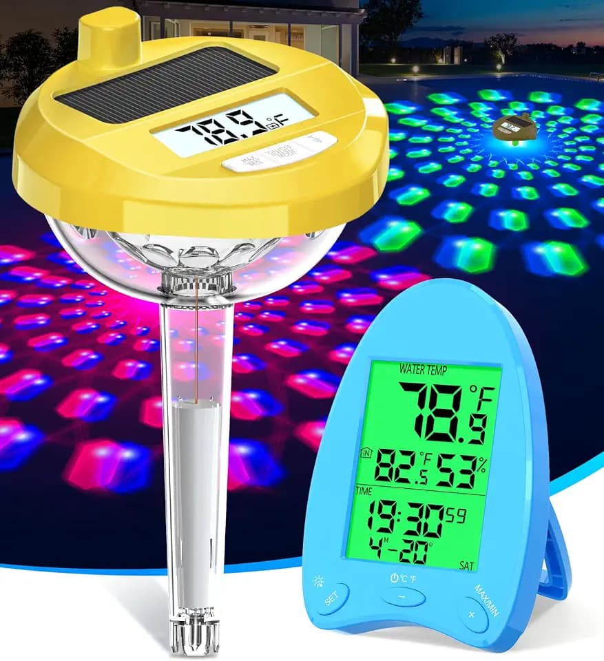 PoolLeader Solar Powered Wireless Pool Thermometer Floating Easy Read | Dynamic LED Light Show, Dual Backlit Display, 650FT Transmission | IP68 Waterproof Pool Temperature Thermometer, Yellow