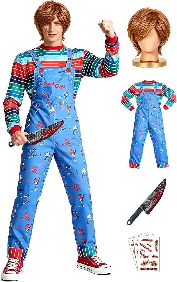 6 Sizes/Chucky Wig/Costume/Fake Knife/Tattoos Chucky Costume for Men Women