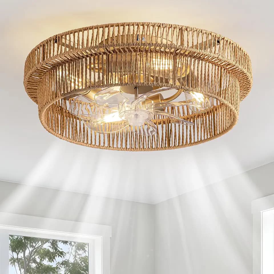 Rattan Boho Ceiling Fan with Light Flush Mount Low Profile 20 Inch