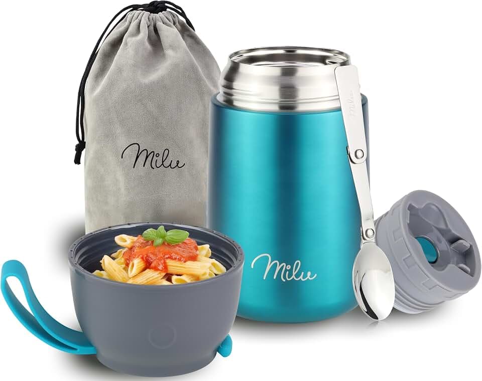 Milu® Thermobehälter für Essen 650ml, Edelstahl Warmhaltebehälter mit Löffel, Thermobecher Essen, Thermo Lunchbox für Kinder, Erwachsene, Thermobox Suppen, Babybrei, Speisebehälter Grün, 650ml