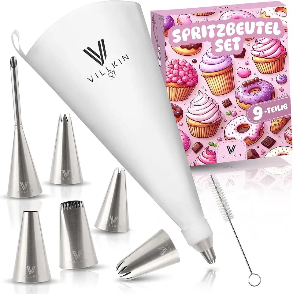 Villkin Spritzbeutel Set mit Tüllen, 9-teilig – 34 cm wiederverwendbare Spritztüte mit 6 Edelstahl Spritztüllen, Adapter und Reinigungsbürste – für Torten, Kuchen, Cupcakes, Muffins, Kekse