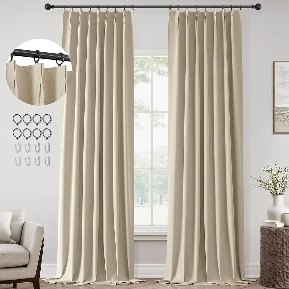 ChrisDowa Natural Pinch Pleated Blackout Curtains 96 inches Long 2 Panels