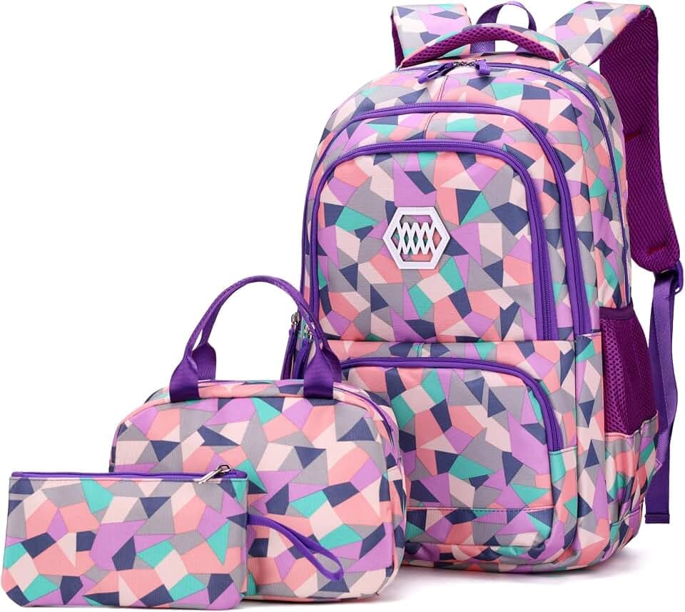 Bansusu 3Pcs Geometric Print Kids Backpack Set for Girls with Lunchbag, Purple Girls Backpack Elementary Middle School Bag Bookbag