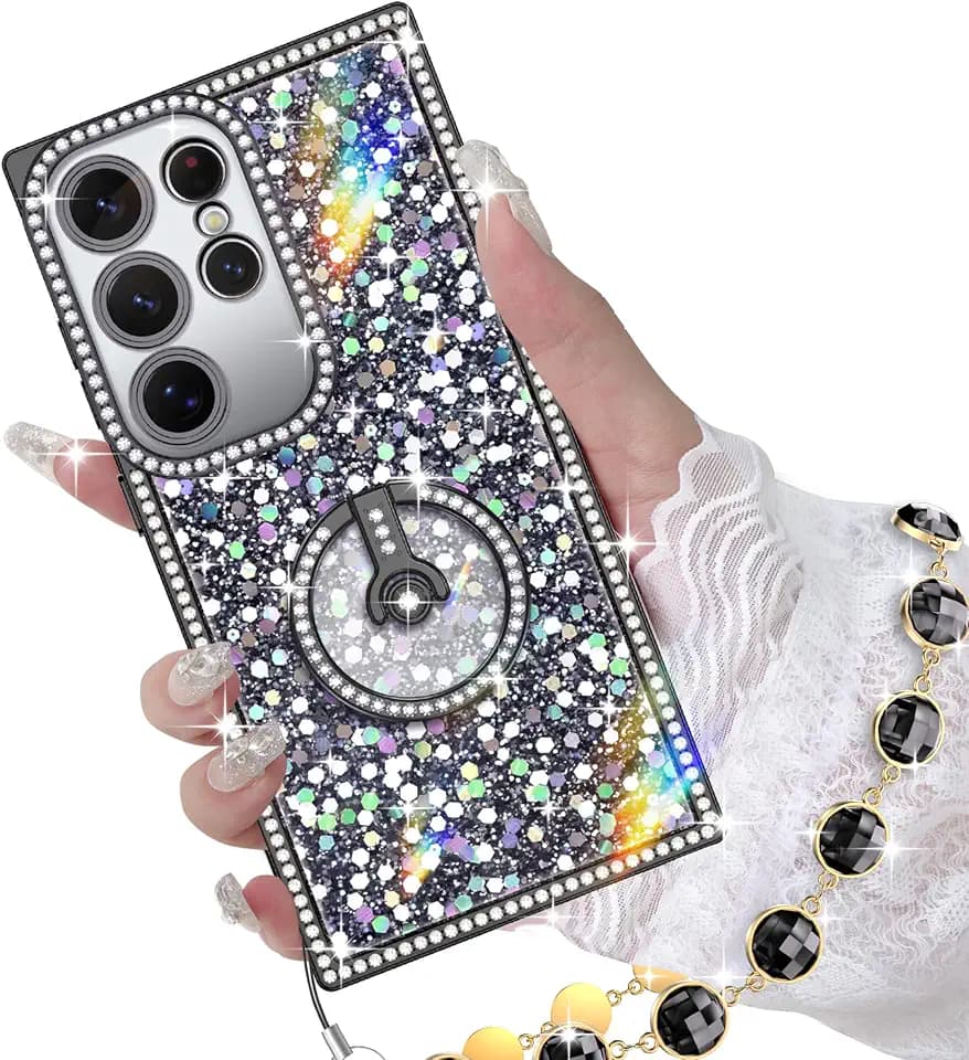 Miss Arts for Samsung Galaxy S22 Ultra Case with Ring Stand, Glitter Sparkle Phone Case for Women Girls, Rhinestone Luxury Protective Cover for S22 Ultra, Black