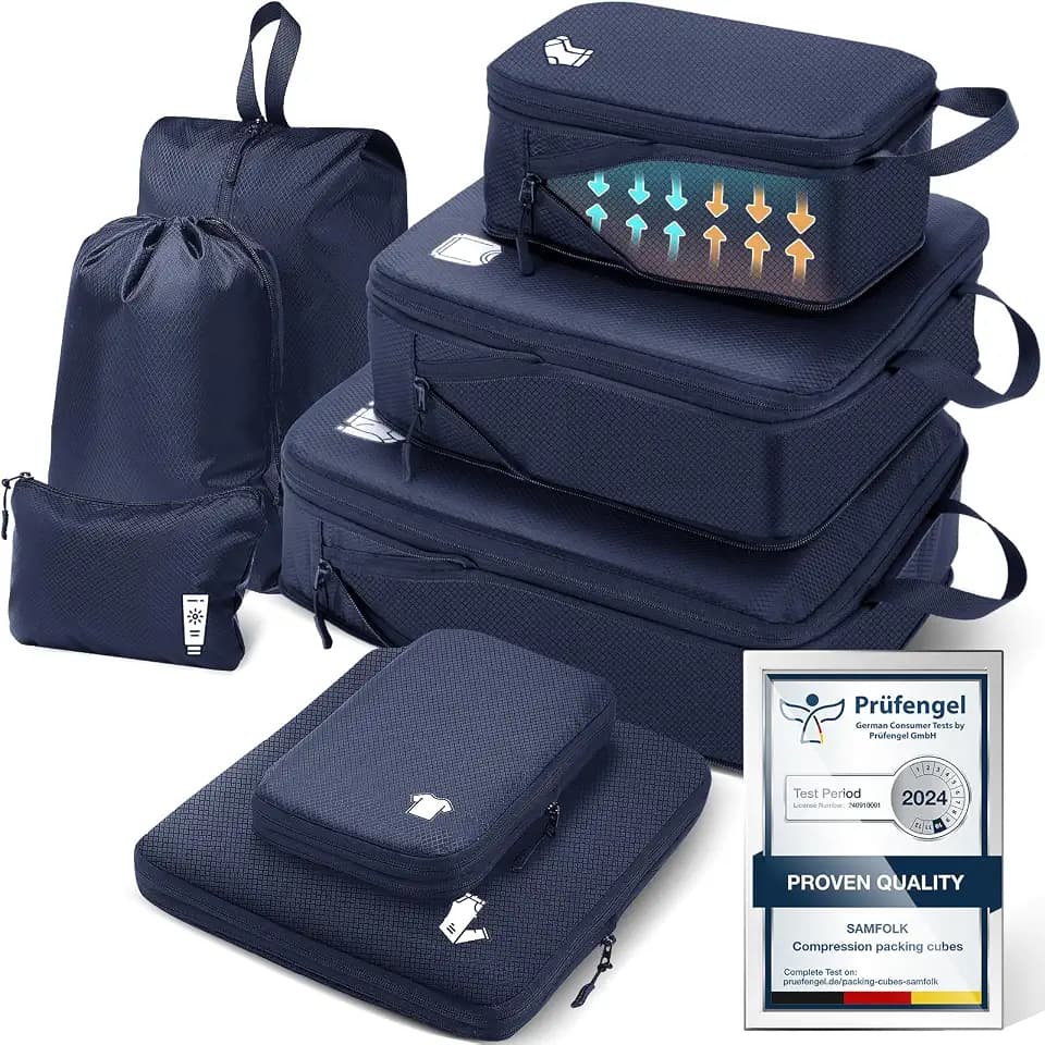 Packing Cubes Compression 8 Stück Koffer Organizer,Wasserdicht PackwüRfel Packtaschen Kompression, Travel essentials FüR HandgepäCk Koffer Und Rucksack Blau