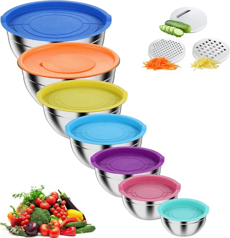 Pleafind 7-teiliges Rührschüssel-Set - Edelstahl Nistschalen mit Deckel - mit 3 Reibeaufsätzen,4.5QT、4QT、3.5QT、2.1QT、1.5QT、1.1QT、0.7QT, Stapelbar & Spülmaschinenfest