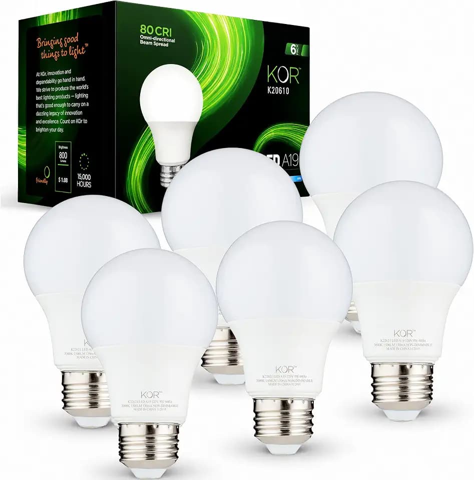KOR A19 LED Light Bulbs, 60W Equivalent, 3000K Soft White, 6 Pack, E26 Base