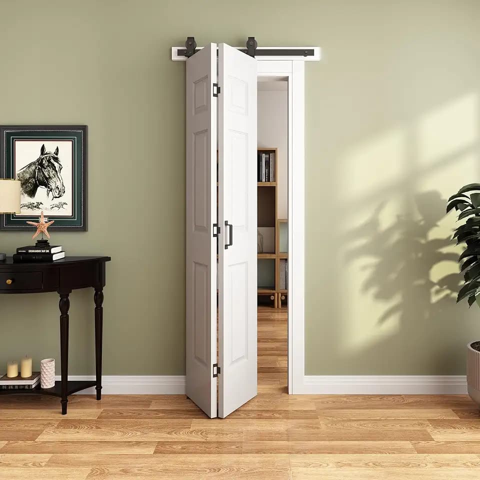 JUBEST 30"x 84" Bifold Barn Door, Bifold Sliding Barn Doors with 2.83FT Hardware Kit Included, Primed Doors Surface, Hollow-core & MDF Molded Panel, Double 15" x 84" Door Panels, DIY Available