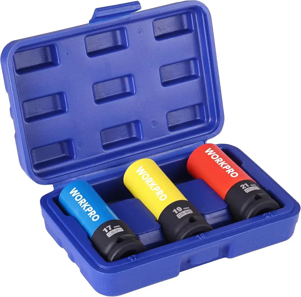 WORKPRO Radschrauben-Nuss-Set, 3-tlg. Steckschlüssel-Satz, Kraft-Schoneinsätze Set, mit Schutzhülle, 1/2" Antrieb, Dünnwand-Design, Cr-Mo-Stahl, 17 mm,19 mm,21 mm, mit Aufbewahrungsbox