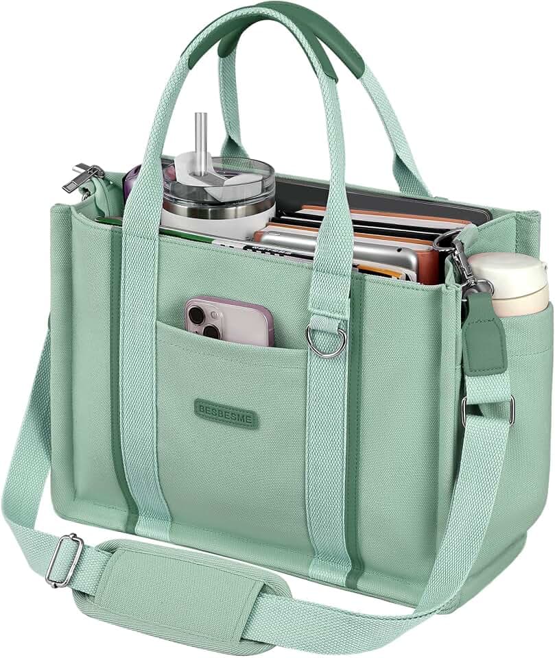 BESBESME Women’s Canvas Tote Bag with Zipper and Compartments – Multi-Pocket Laptop Work Crossbody Shoulder Tote Purse