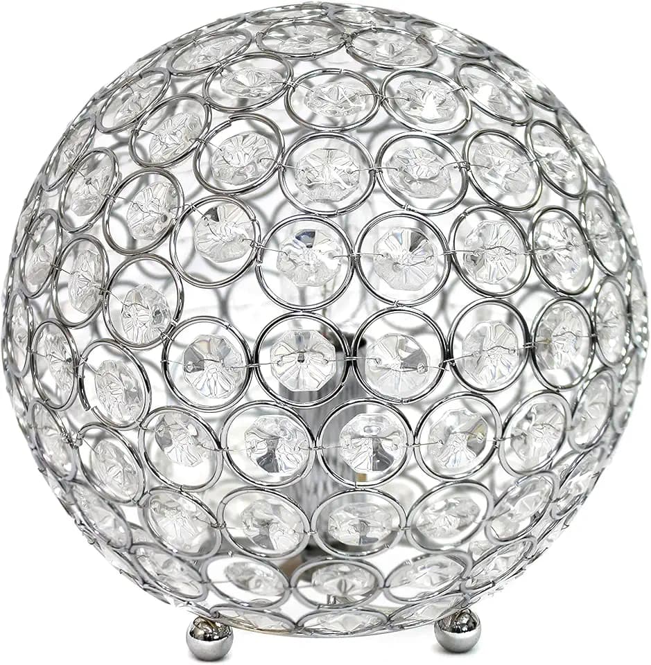 Elegant Designs LT1026-CHR 8" Elipse Crystal Collection Metal Crystal Ball Sequin Table Desk Lamp for Accent Lighting, Décor, Living Room, Chrome