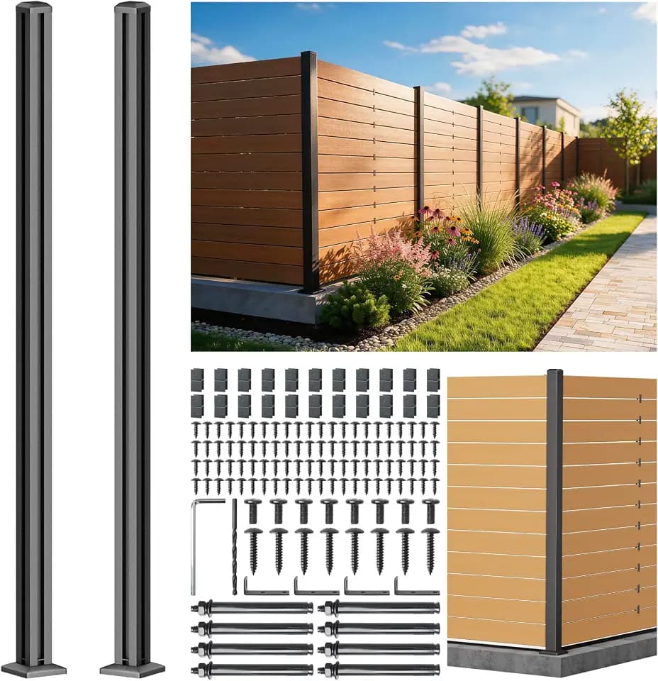 6FT 201 Stainless Steel Heavy Duty Fence Post for Wood Slats(Corner Post), Outdoor Ground Install Wooden Privacy Fence Panels Posts Matte Black 2Pack