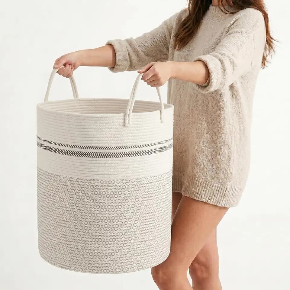 Large Cotton Rope Laundry Basket 80L, White Woven Storage Basket with Handles, Decorative Blanket Basket for Living Room Bedroom, Tall Clothes Hamper for Towels Pillows, Modern Home Organizer