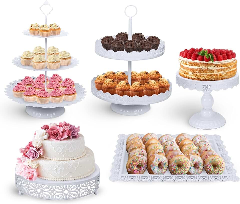 Tiered Cake Stand 5 Pc. Set with 3-Tier, 2-Tier, and Round Displays, Pedestal Dessert Stands, and Square Serving Tray Platter for Cupcakes, Pies, Cookies, Pastries, and Snacks