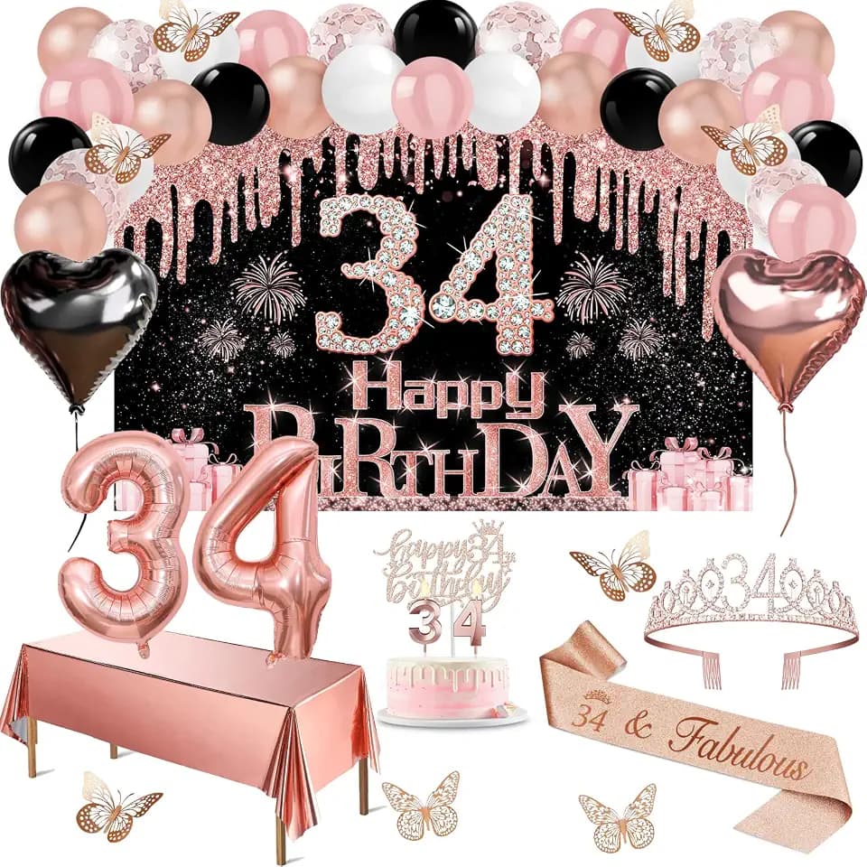 Juesly 34th Birthday Decorations for Women Rose Gold Black 49pcs