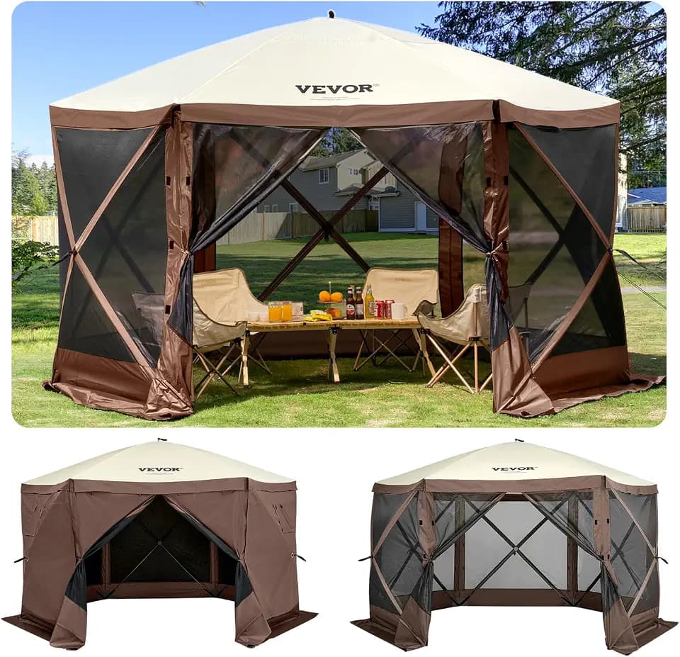VEVOR Faltpavillon, 3,05 x 3,05 m, 6-seitiges Pop-up-Camping-Überdachungszelt mit Netzfenstern, tragbarer Tragetasche, Erdspießen, große gartenpavillon für Outdoor-Camping, Rasen und Hinterhof