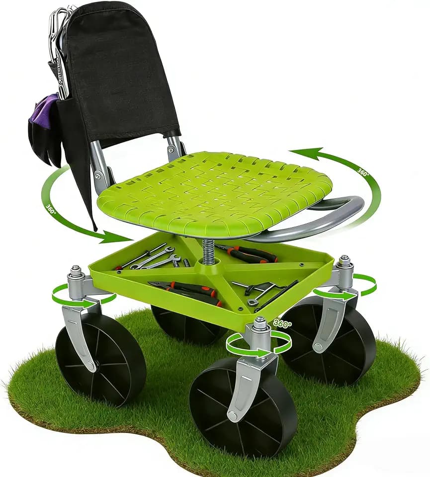 Outdoor Garden Stool with 360° Swivel Caster Wheels, Rolling Garden Cart with 360° Swivel Seat, Height Adjustment, Back Tool Pouch & Under-Seat Tray, Gardening Gifts for Women, Parents, Seniors