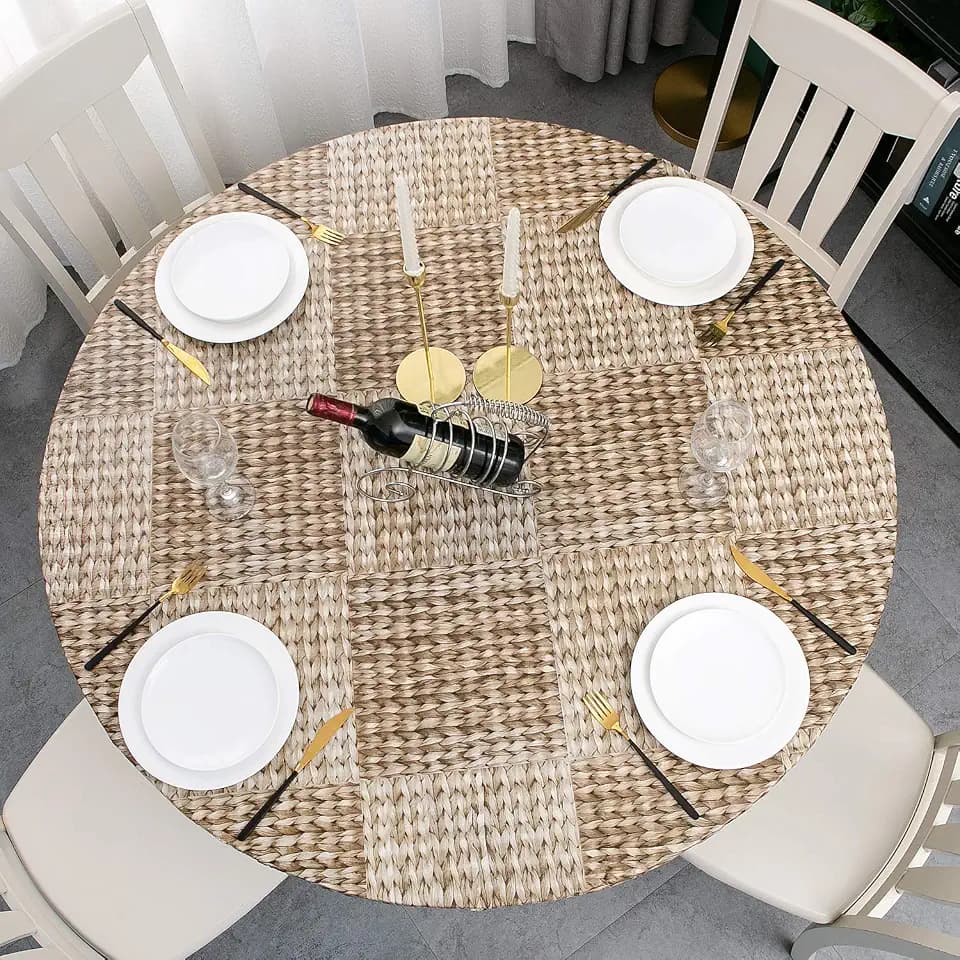 Pioggia Round Vinyl Fitted Tablecloth with Flannel Backing Elastic Table Cloth Waterproof Oil-Proof Plastic Table Cover Best for 37"-44" Round