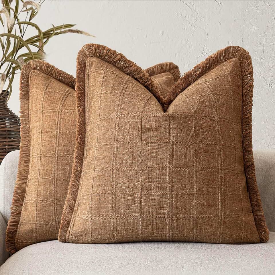 Foindtower Set of 2 Decorative Linen Check Fringe Throw Pillow Covers Farmhouse Vintage Cushion Covers Modern Boho Home Decor for Sofa Chair Couch Bedroom Living Room,18×18 Inch,Brick Red