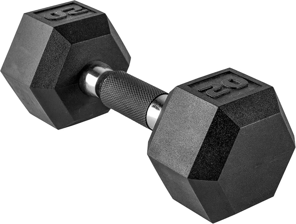 CAP Rubber Coated Dumbbell Weights, Free Weights for Home Gym Strength Training, Anti-Roll Hex Dumbbells with Black, Chrome & Comfort Grip Handles, Singles