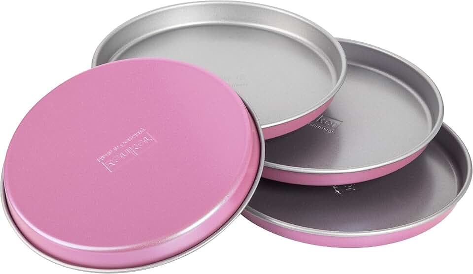 Zenker creative studio Schichtkuchenblech Set, runde Backformen, Backbleche mit Antihaftbeschichtung, Kuchenform: Ø180mmx18mm, kreatives Backen (Farbe: rosa, silber), Menge: 4 Stück