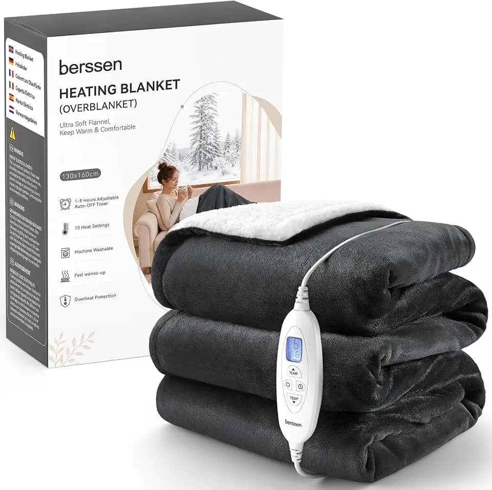 berssen Heizdecke mit Abschaltautomatik,10 Heizstufen,1-9 Stunden Auto-Off-Timer Überhitzungsschutz,Elektrische Kuscheldecke für Home & Office, 130x160cm,Dunkelgrau