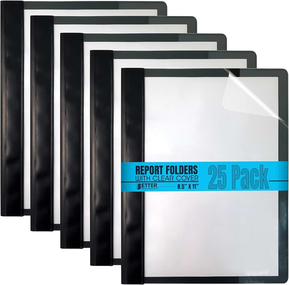 Better Office Products Ultra Durable Clear Front Report Covers, 25 Per Box, Letter Size, Black, Poly Back Cover, with Fasteners, Lay Flat, Box of 25