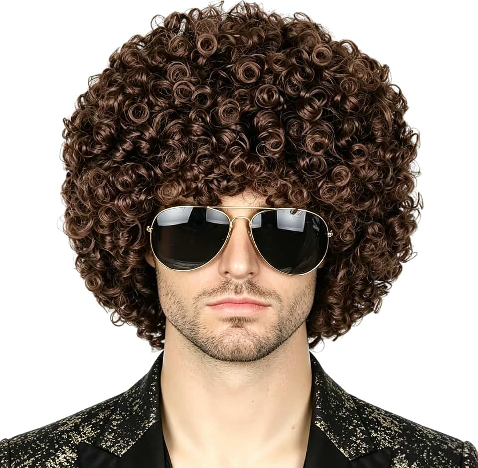 Topcosplay Unisex Afro Perücke - 70er Jahre Funky Hippie Kurz Lockig Dunkelbraun für Fasching Kostüm Halloween