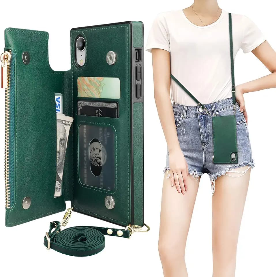 Bocasal Crossbody Wallet Case with Strap for iPhone Xr, Green