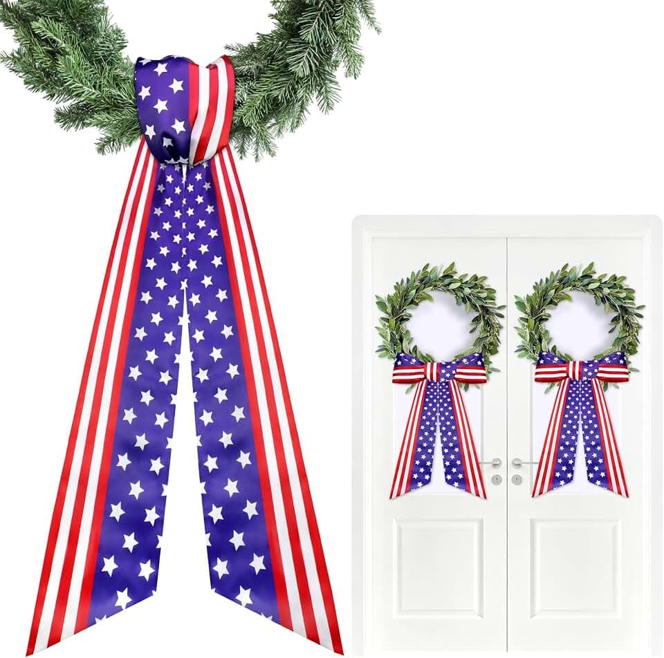 2 Pack American Flag Wreath Sashes for Front Door, Patriotic Wreath Decor