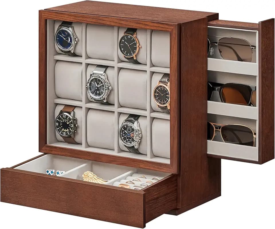 SONGMICS 12 Watch Display Case, Watch Box with Hidden Storage