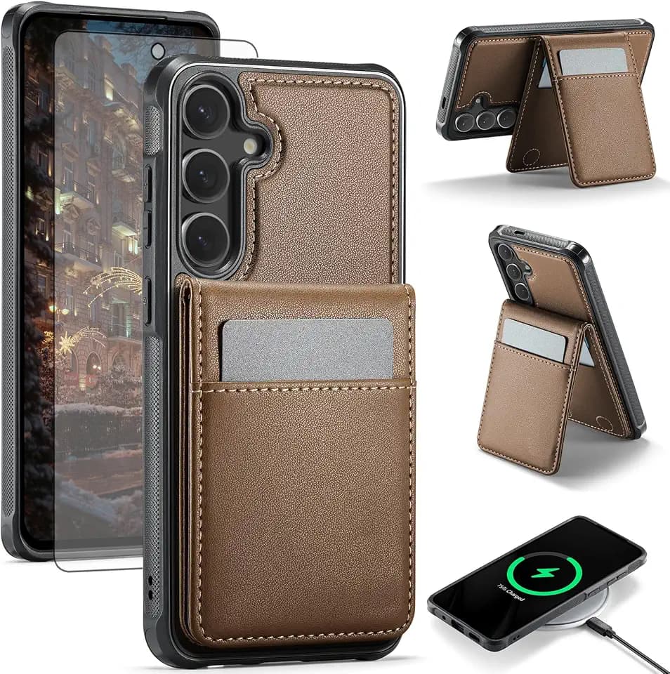Asuwish Phone Case for Samsung Galaxy S25 Plus S25+ 5G Wallet Cell Cover Compatible with Magsafe RFID Tempered Screen Protector Credit Card Holder Stand S25Plus 25S + S 25 25+ SM-S936U Women Brown