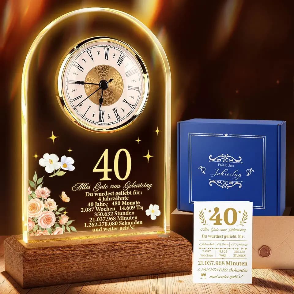 TUZELIYA 40. Geburtstag Geschenke, Quarzuhr Tischuhr, Persönliches Geburtstagsgeschenk mit Grußkarte und Umschlag, Perfektes Dekorative Geschenke für Beste Freundin, Schwester und Mutter