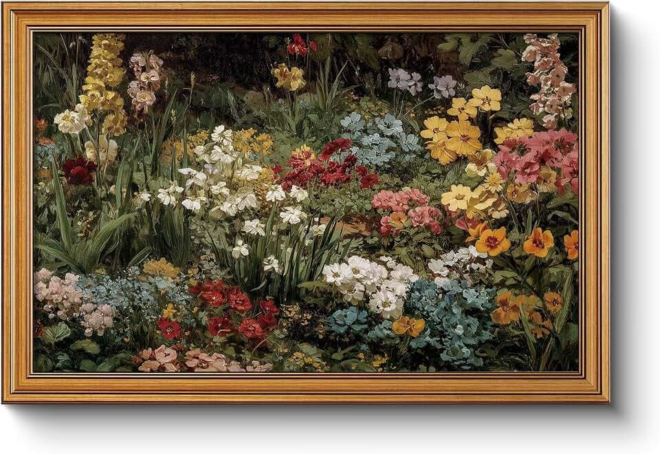 Vintage Gold framed floral wall art garden painting 16x24 botanical artwork