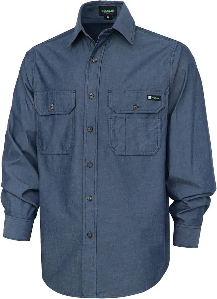 BOCOMAL Men's Work Shirts Button Down Long Sleeve Relaxed Fit - Lightweight 100% Cotton Chambray, EX-Soft, Utility Pockets Heather Navy
