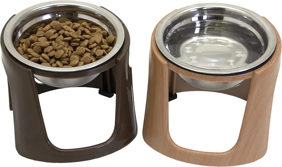 SportPet Elevated Stainless Steel Dog Food & Water Bowls - Raised Pet Feeding Station, Small Dog & Cat Feeder, Dishwasher Safe, Nonslip - Brown, 8 oz Each