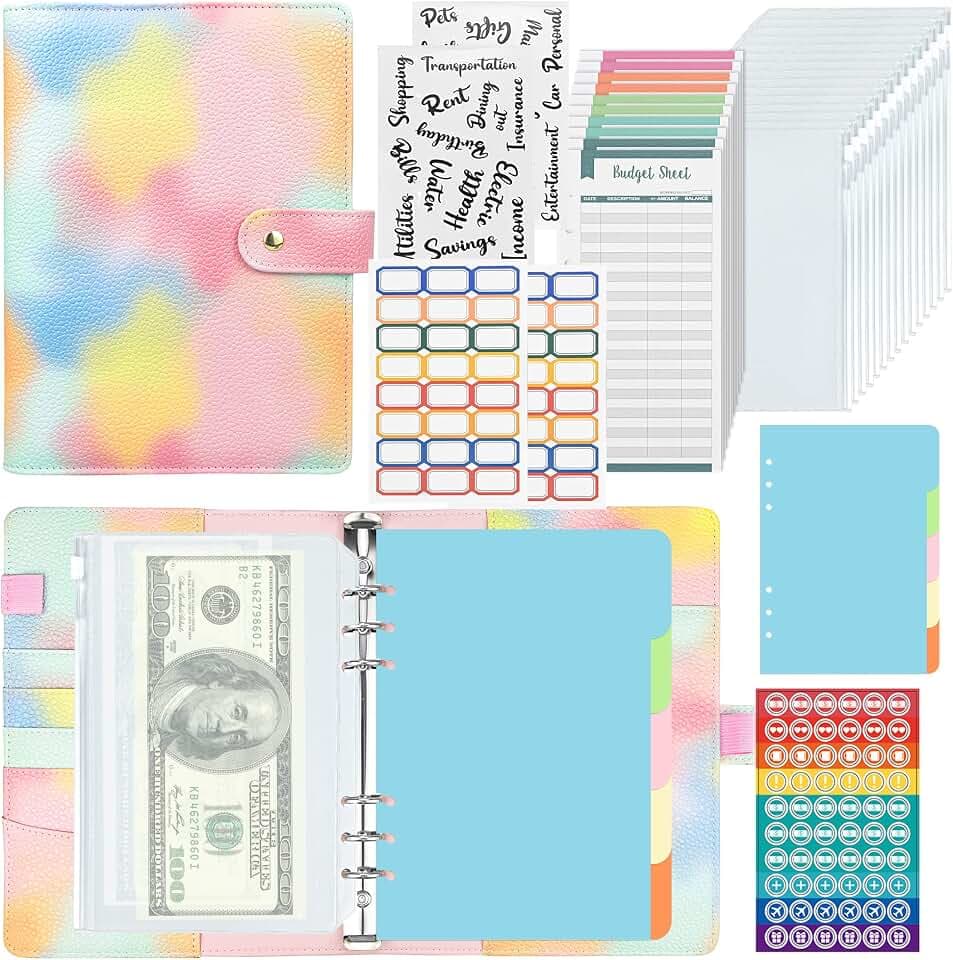 A5 Binder Notizbuch Set, PU Leder Loseblatt Notizbuchmit 12 Pcs Binder Taschen, 12 pcs Budget Blätter, Etikettenaufkleber und 5 Farbige Binder-Teiler, Für Financial Planner, Geldsparen(Rosa)