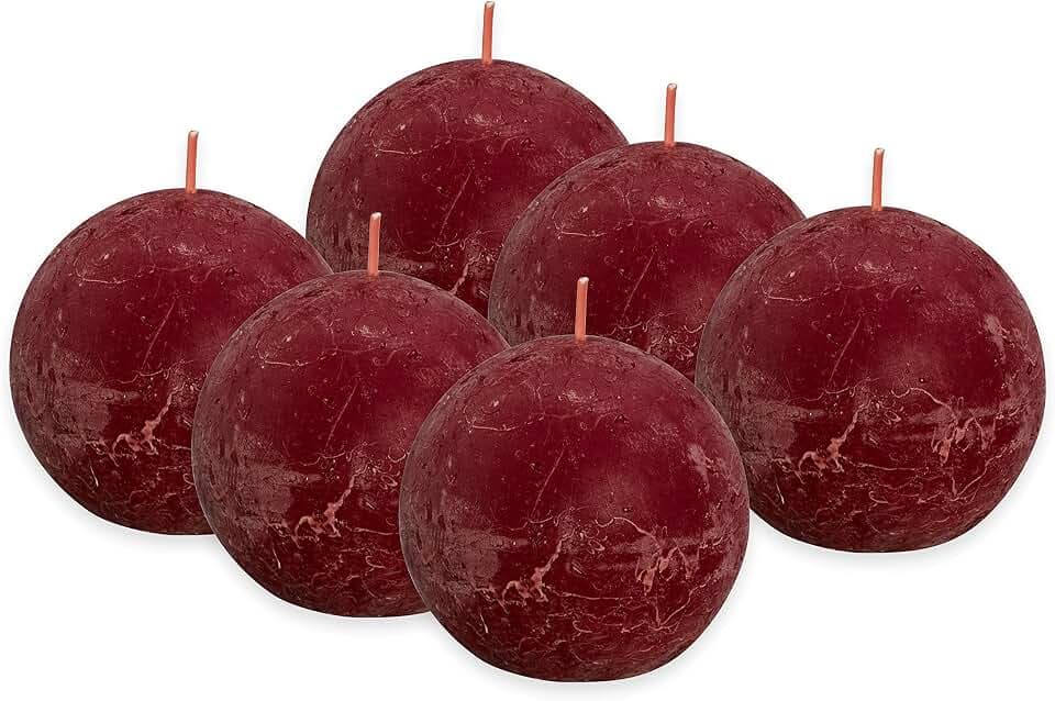 Bolsius Rustik Kugelkerze - Bordeauxrot - 6 Stück - Durchmesser 7.6 cm - Dekorative Kerze - Länge Brenndauer 25 Stunden - Unparfümierte - Enthält Natürliches Pflanzenwachs - Ohne Palmöl