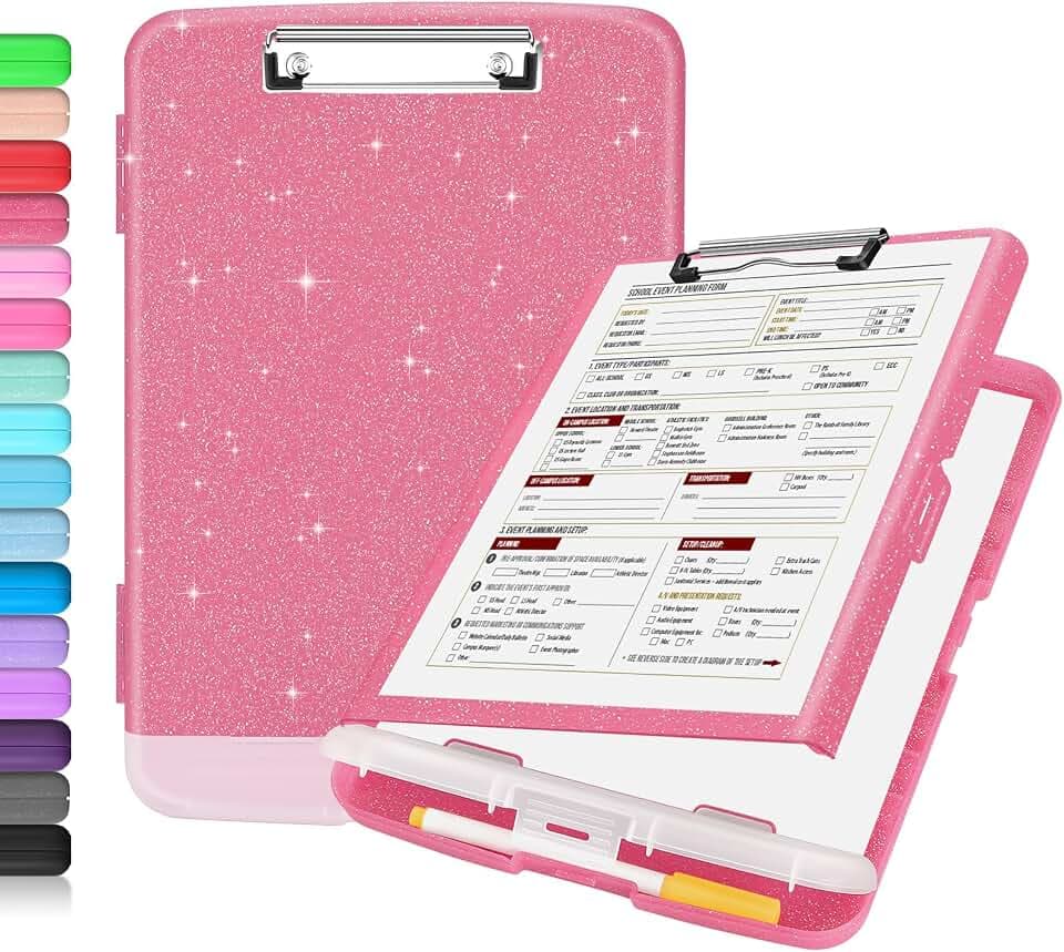 Sooez Glitter Clipboard with Storage, Nursing Clip Boards 8.5x11 with Pen Holder, Cute Clipboards with Low Profile Clip, Sparkle Plastic Organizer Case Box for Women Teacher, Side Opening