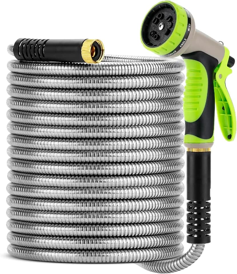 UNCO- Stainless Steel Garden Hose 50 ft, Stainless Steel Hose with 10 Functions Spray Nozzle, Silver Metal Hose 50 ft, No Kink Garden Hose 50 Feet