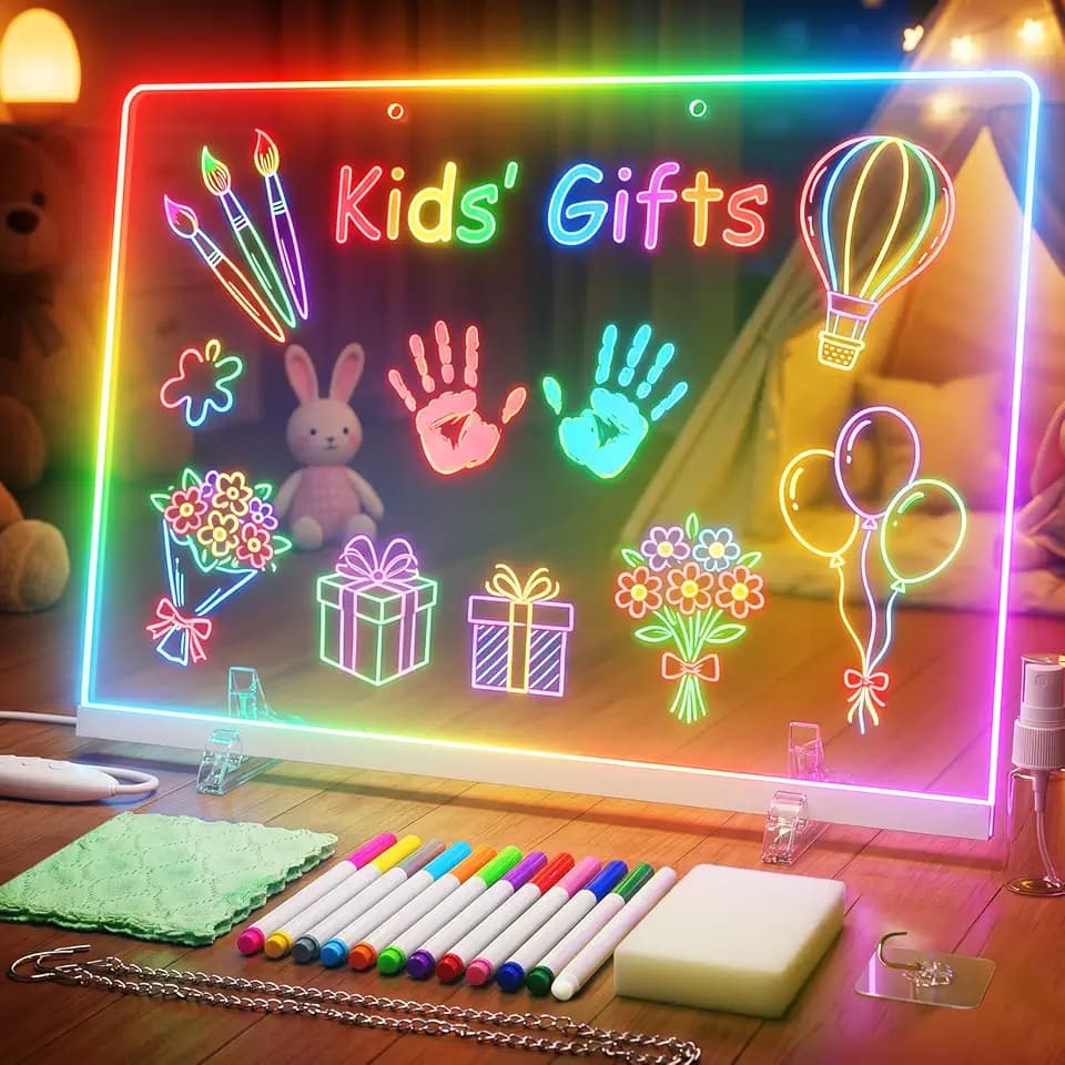 17'' Led Drawing Board for Kids - Flicker-Free LED Note Board, 10 Light Effects & 4 Light Intensities Drawing Tablet, Gifts for Girls Boys Aged 4-12, Doodle Glow Pad with Controller, 12 Markers