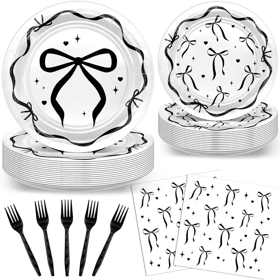 96pcs Black Bow Plates and Napkins Black Bow Birthday Party Decorations